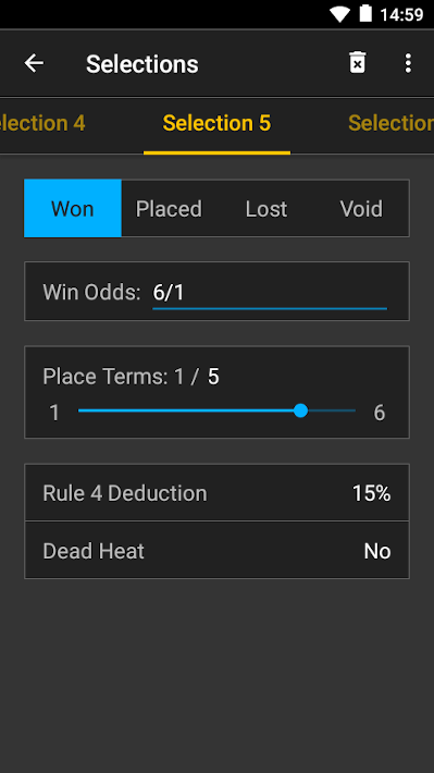 bet selection screenshot on android